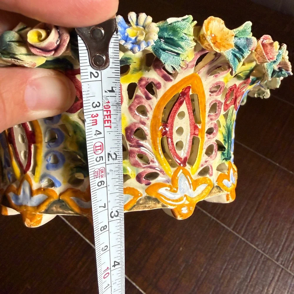 Italian Lattice Ceramic Bowl Majolica Flowers  8